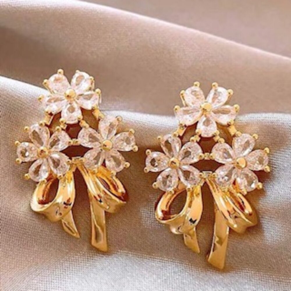 ELEGANT FRENCH VINTAGE FLORAL GLASS INLAID BOW GOLD COLOR EARRINGS FOR WOMEN